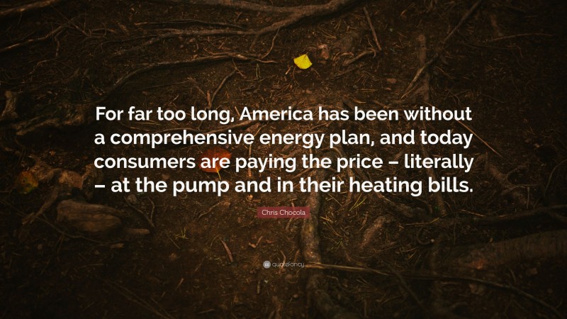 Chris Chocola Quote: “For far too long, America has been without a comprehensive energy plan, and today consumers are paying the price – literally – at the pump and in their heating bills.”