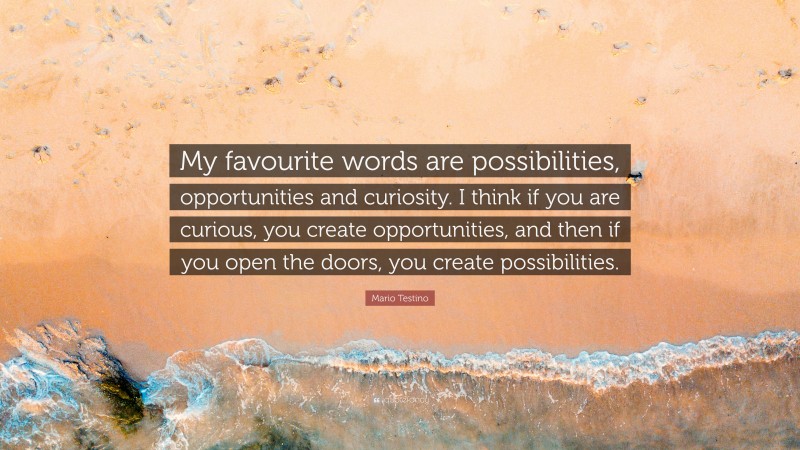 Mario Testino Quote: “My favourite words are possibilities, opportunities and curiosity. I think if you are curious, you create opportunities, and then if you open the doors, you create possibilities.”
