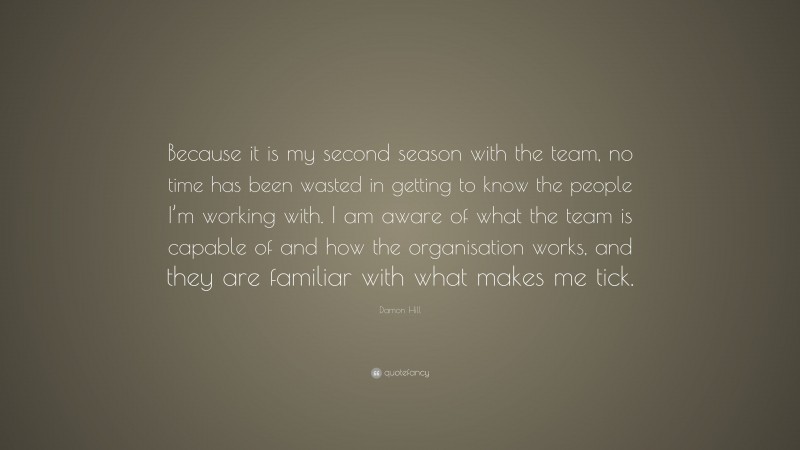 Damon Hill Quote: “Because it is my second season with the team, no time has been wasted in getting to know the people I’m working with. I am aware of what the team is capable of and how the organisation works, and they are familiar with what makes me tick.”