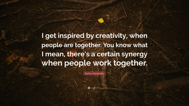 Sasha Alexander Quote: “I get inspired by creativity, when people are together. You know what I mean, there’s a certain synergy when people work together.”