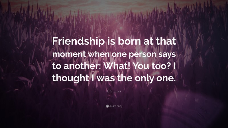 C. S. Lewis Quote: “Friendship is born at that moment when one person says to another: What! You too? I thought I was the only one.”
