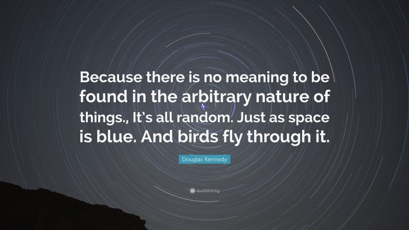 Douglas Kennedy Quote: “Because there is no meaning to be found in the arbitrary nature of things., It’s all random. Just as space is blue. And birds fly through it.”