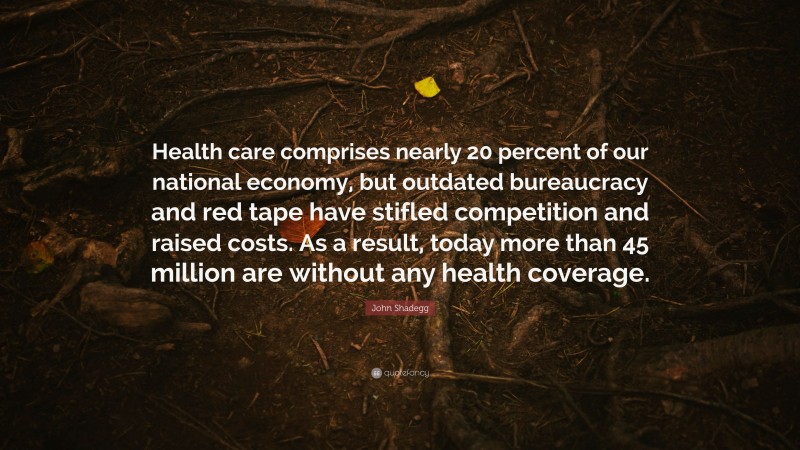 John Shadegg Quote: “Health care comprises nearly 20 percent of our national economy, but outdated bureaucracy and red tape have stifled competition and raised costs. As a result, today more than 45 million are without any health coverage.”