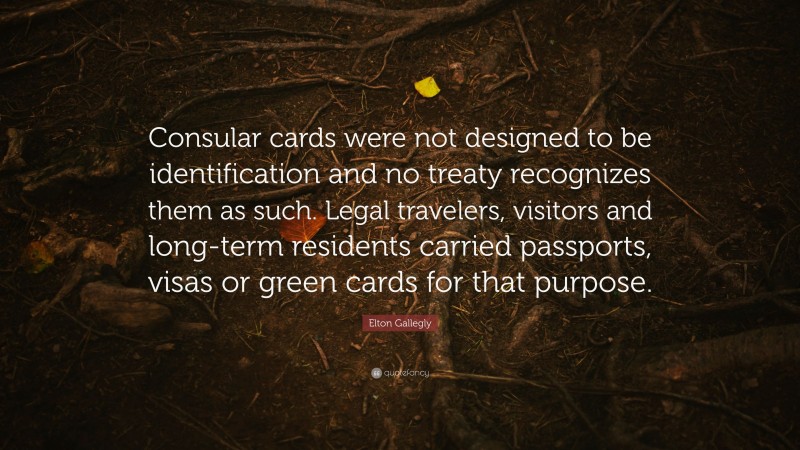 Elton Gallegly Quote: “Consular cards were not designed to be identification and no treaty recognizes them as such. Legal travelers, visitors and long-term residents carried passports, visas or green cards for that purpose.”