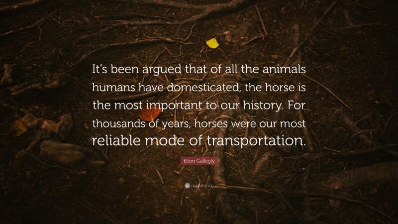 Elton Gallegly Quote: “It’s been argued that of all the animals humans have domesticated, the horse is the most important to our history. For thousands of years, horses were our most reliable mode of transportation.”