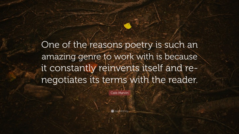 Cate Marvin Quote: “One of the reasons poetry is such an amazing genre to work with is because it constantly reinvents itself and re-negotiates its terms with the reader.”
