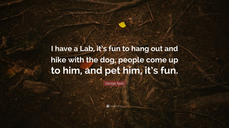 George Eads Quote: “I have a Lab, it’s fun to hang out and hike with the dog, people come up to him, and pet him, it’s fun.”