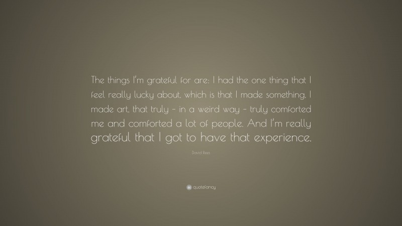 David Rees Quote: “The things I’m grateful for are: I had the one thing that I feel really lucky about, which is that I made something, I made art, that truly – in a weird way – truly comforted me and comforted a lot of people. And I’m really grateful that I got to have that experience.”