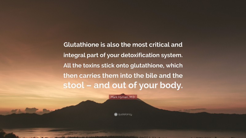 Mark Hyman, M.D. Quote: “Glutathione is also the most critical and integral part of your detoxification system. All the toxins stick onto glutathione, which then carries them into the bile and the stool – and out of your body.”