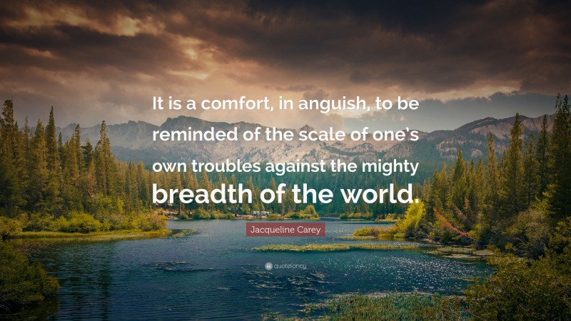 Jacqueline Carey Quote: “It is a comfort, in anguish, to be reminded of the scale of one’s own troubles against the mighty breadth of the world.”