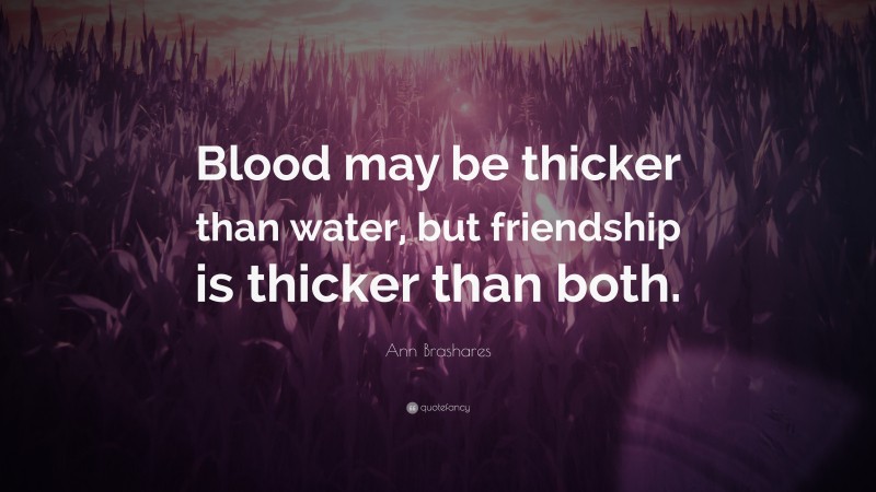 Ann Brashares Quote: “Blood may be thicker than water, but friendship is thicker than both.”