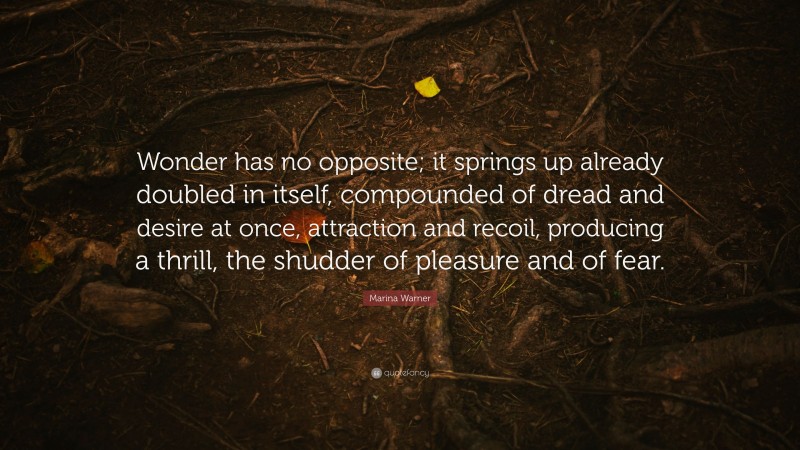 Marina Warner Quote: “Wonder has no opposite; it springs up already doubled in itself, compounded of dread and desire at once, attraction and recoil, producing a thrill, the shudder of pleasure and of fear.”