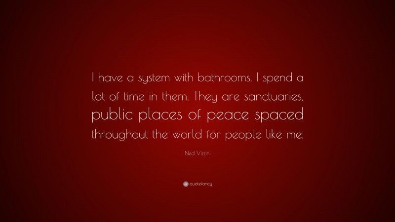 Ned Vizzini Quote: “I have a system with bathrooms. I spend a lot of time in them. They are sanctuaries, public places of peace spaced throughout the world for people like me.”