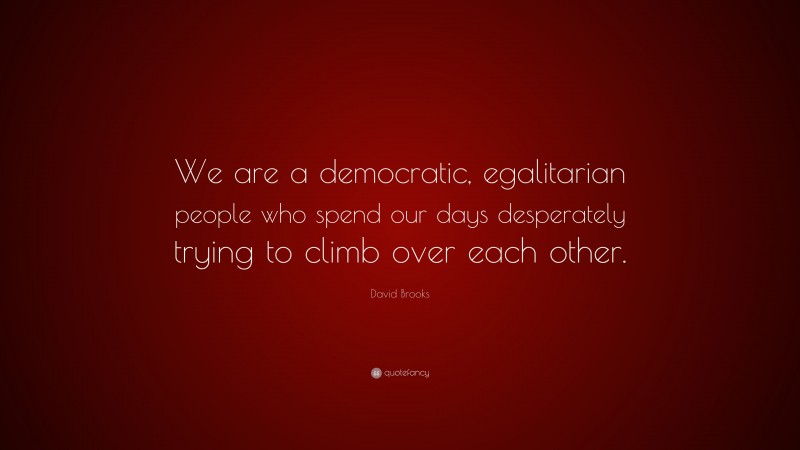 David Brooks Quote: “We are a democratic, egalitarian people who spend our days desperately trying to climb over each other.”