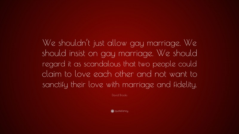 David Brooks Quote: “We shouldn’t just allow gay marriage. We should insist on gay marriage. We should regard it as scandalous that two people could claim to love each other and not want to sanctify their love with marriage and fidelity.”