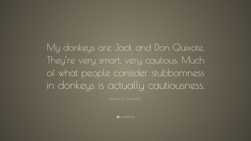 Bonnie Jo Campbell Quote: “My donkeys are Jack and Don Quixote. They’re very smart, very cautious. Much of what people consider stubbornness in donkeys is actually cautiousness.”