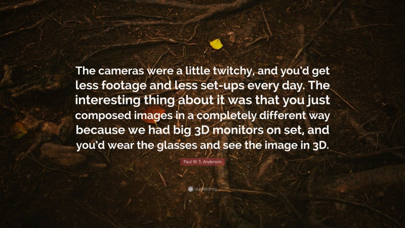 Paul W. S. Anderson Quote: “The cameras were a little twitchy, and you’d get less footage and less set-ups every day. The interesting thing about it was that you just composed images in a completely different way because we had big 3D monitors on set, and you’d wear the glasses and see the image in 3D.”