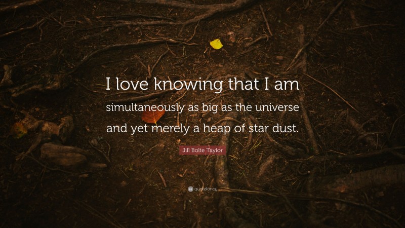 Jill Bolte Taylor Quote: “I love knowing that I am simultaneously as big as the universe and yet merely a heap of star dust.”