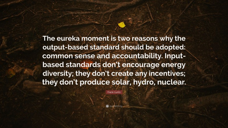Frank Luntz Quote: “The eureka moment is two reasons why the output-based standard should be adopted: common sense and accountability. Input-based standards don’t encourage energy diversity; they don’t create any incentives; they don’t produce solar, hydro, nuclear.”