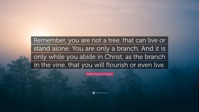Robert Murray M'Cheyne Quote: “Remember, you are not a tree, that can live or stand alone. You are only a branch. And it is only while you abide in Christ, as the branch in the vine, that you will flourish or even live.”