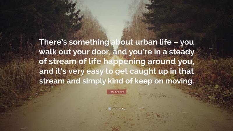 Dani Shapiro Quote: “There’s something about urban life – you walk out your door, and you’re in a steady of stream of life happening around you, and it’s very easy to get caught up in that stream and simply kind of keep on moving.”