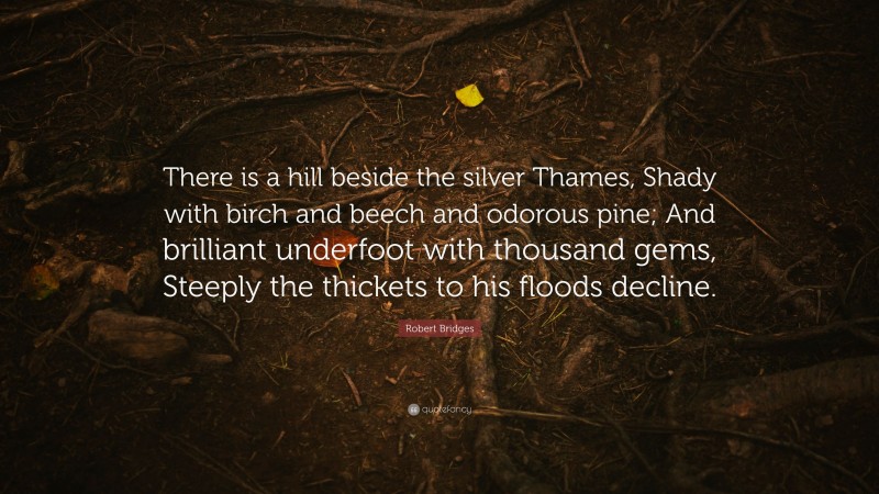 Robert Bridges Quote: “There is a hill beside the silver Thames, Shady with birch and beech and odorous pine; And brilliant underfoot with thousand gems, Steeply the thickets to his floods decline.”