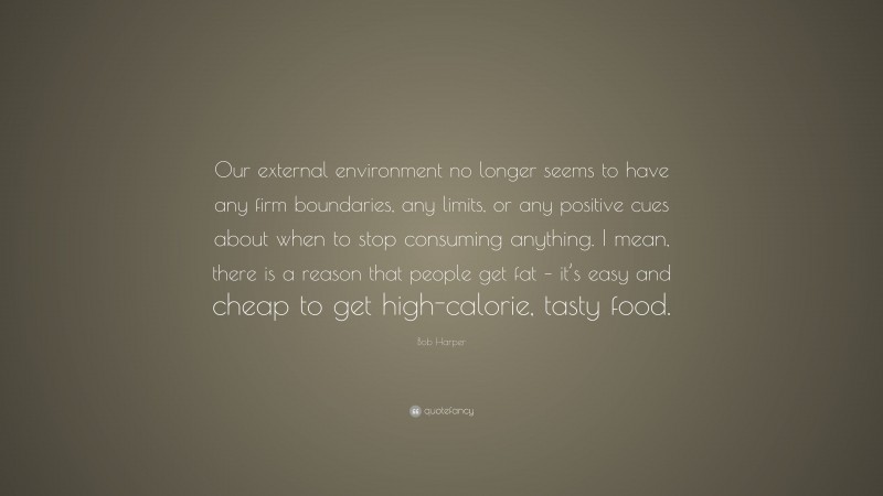 Bob Harper Quote: “Our external environment no longer seems to have any firm boundaries, any limits, or any positive cues about when to stop consuming anything. I mean, there is a reason that people get fat – it’s easy and cheap to get high-calorie, tasty food.”