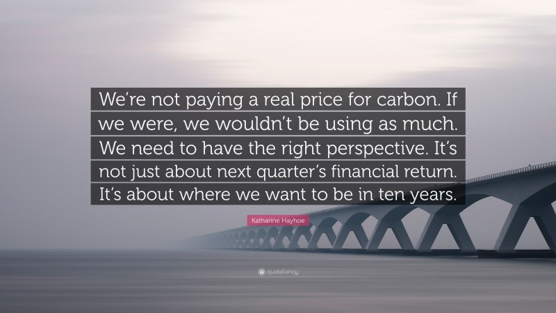 Katharine Hayhoe Quote: “We’re not paying a real price for carbon. If we were, we wouldn’t be using as much. We need to have the right perspective. It’s not just about next quarter’s financial return. It’s about where we want to be in ten years.”