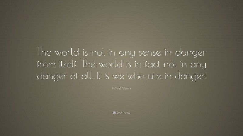 Daniel Quinn Quote: “The world is not in any sense in danger from itself. The world is in fact not in any danger at all. It is we who are in danger.”