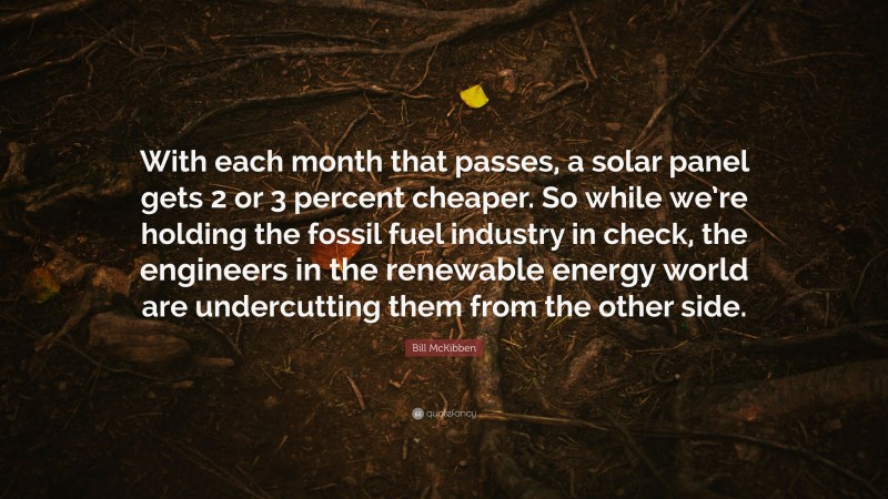 Bill McKibben Quote: “With each month that passes, a solar panel gets 2 or 3 percent cheaper. So while we’re holding the fossil fuel industry in check, the engineers in the renewable energy world are undercutting them from the other side.”