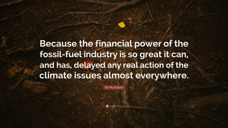 Bill McKibben Quote: “Because the financial power of the fossil-fuel industry is so great it can, and has, delayed any real action of the climate issues almost everywhere.”