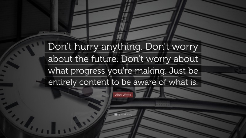 Alan Watts Quote: “Don’t hurry anything. Don’t worry about the future. Don’t worry about what progress you’re making. Just be entirely content to be aware of what is.”
