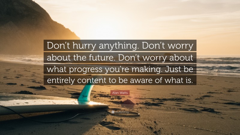 Alan Watts Quote: “Don’t hurry anything. Don’t worry about the future. Don’t worry about what progress you’re making. Just be entirely content to be aware of what is.”