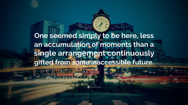 Tao Lin Quote: “One seemed simply to be here, less an accumulation of moments than a single arrangement continuously gifted from some inaccessible future.”