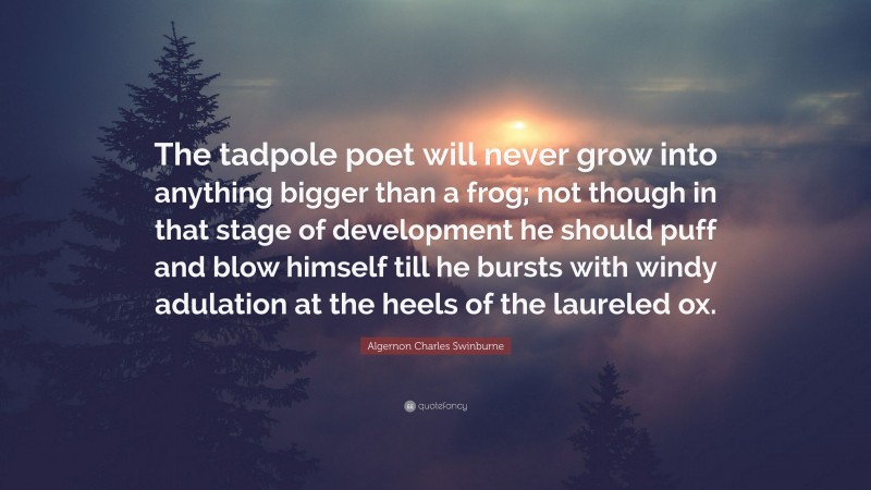 Algernon Charles Swinburne Quote: “The tadpole poet will never grow into anything bigger than a frog; not though in that stage of development he should puff and blow himself till he bursts with windy adulation at the heels of the laureled ox.”