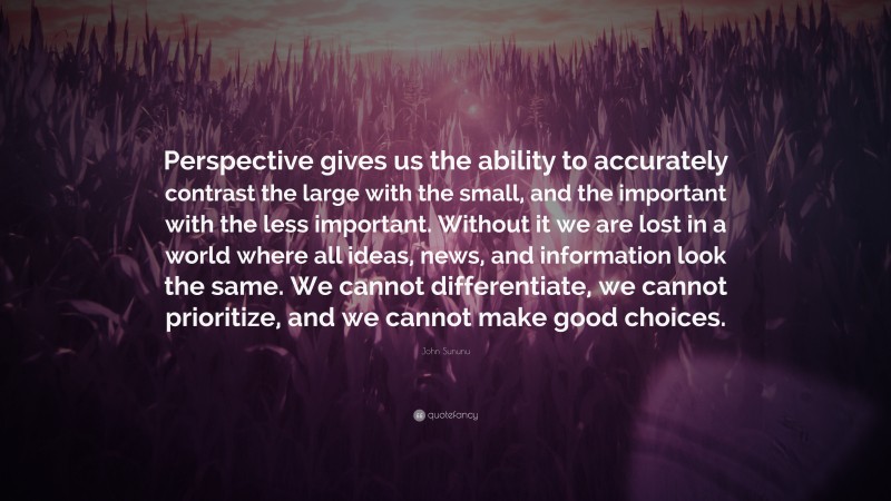 John Sununu Quote: “Perspective gives us the ability to accurately contrast the large with the small, and the important with the less important. Without it we are lost in a world where all ideas, news, and information look the same. We cannot differentiate, we cannot prioritize, and we cannot make good choices.”