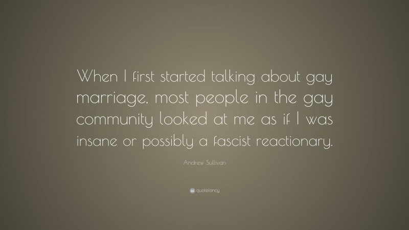 Andrew Sullivan Quote: “When I first started talking about gay marriage, most people in the gay community looked at me as if I was insane or possibly a fascist reactionary.”