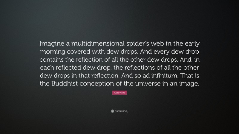 Alan Watts Quote: “Imagine a multidimensional spider’s web in the early morning covered with dew drops. And every dew drop contains the reflection of all the other dew drops. And, in each reflected dew drop, the reflections of all the other dew drops in that reflection. And so ad infinitum. That is the Buddhist conception of the universe in an image.”