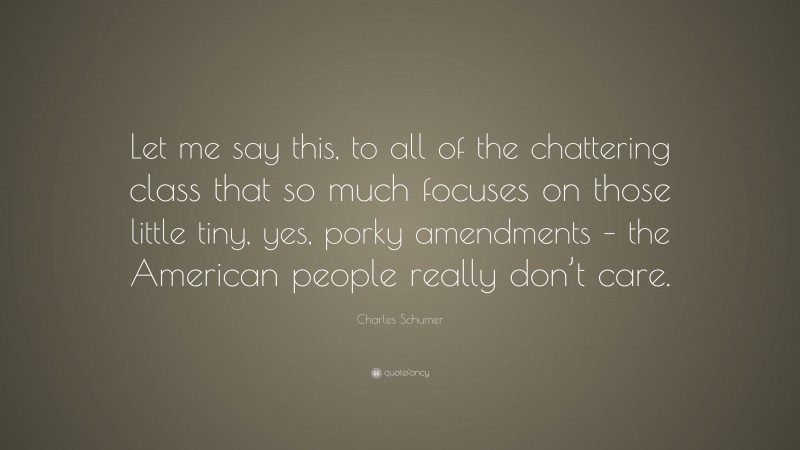 Charles Schumer Quote: “Let me say this, to all of the chattering class that so much focuses on those little tiny, yes, porky amendments – the American people really don’t care.”