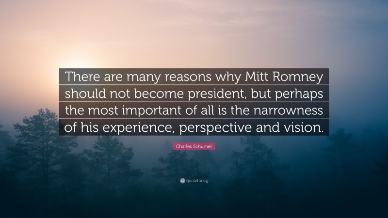 Charles Schumer Quote: “There are many reasons why Mitt Romney should not become president, but perhaps the most important of all is the narrowness of his experience, perspective and vision.”