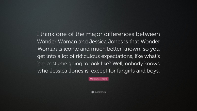 Melissa Rosenberg Quote: “I think one of the major differences between Wonder Woman and Jessica Jones is that Wonder Woman is iconic and much better known, so you get into a lot of ridiculous expectations, like what’s her costume going to look like? Well, nobody knows who Jessica Jones is, except for fangirls and boys.”