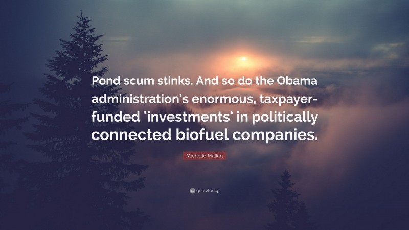 Michelle Malkin Quote: “Pond scum stinks. And so do the Obama administration’s enormous, taxpayer-funded ‘investments’ in politically connected biofuel companies.”