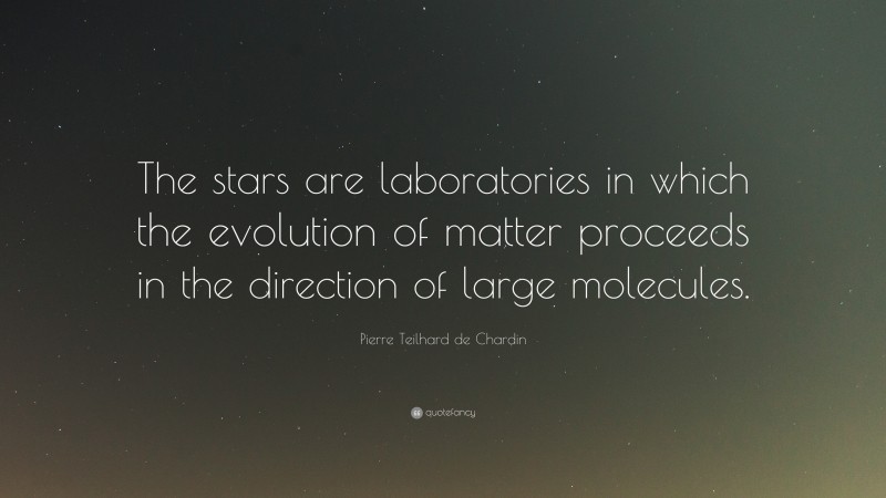 Pierre Teilhard de Chardin Quote: “The stars are laboratories in which the evolution of matter proceeds in the direction of large molecules.”