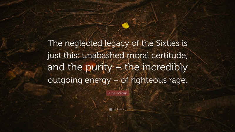 June Jordan Quote: “The neglected legacy of the Sixties is just this: unabashed moral certitude, and the purity – the incredibly outgoing energy – of righteous rage.”
