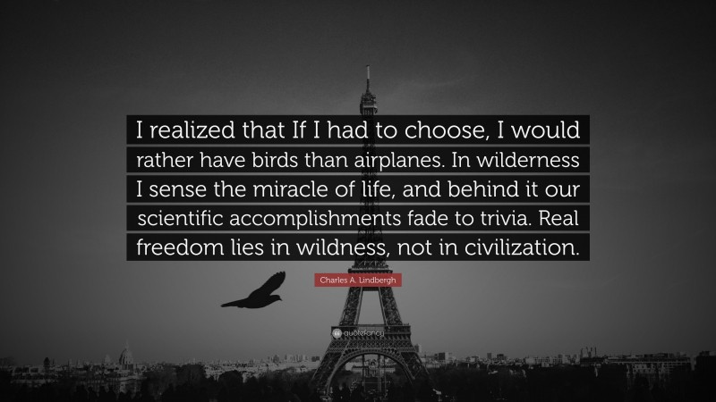 Charles A. Lindbergh Quote: “I realized that If I had to choose, I would rather have birds than airplanes.  In wilderness I sense the miracle of life, and behind it our scientific accomplishments fade to trivia. Real freedom lies in wildness, not in civilization.”