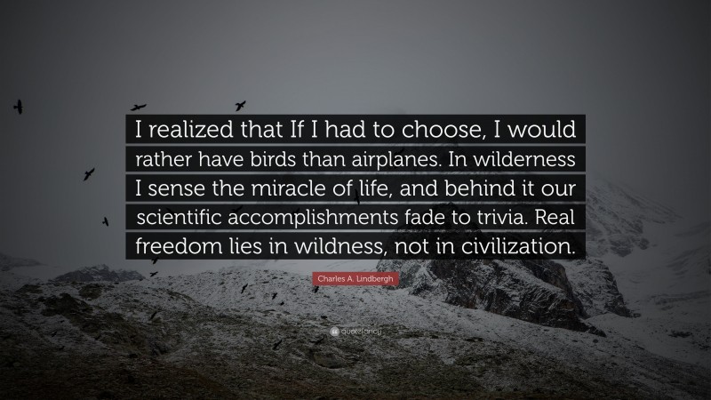 Charles A. Lindbergh Quote: “I realized that If I had to choose, I would rather have birds than airplanes.  In wilderness I sense the miracle of life, and behind it our scientific accomplishments fade to trivia. Real freedom lies in wildness, not in civilization.”