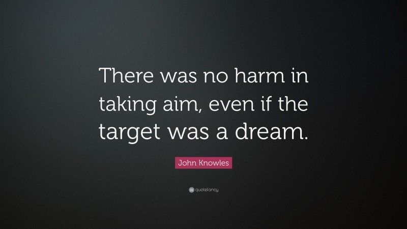 John Knowles Quote: “There was no harm in taking aim, even if the target was a dream.”