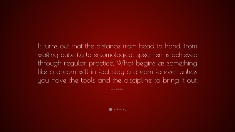 Ann Patchett Quote: “It turns out that the distance from head to hand, from wafting butterfly to entomological specimen, is achieved through regular practice. What begins as something like a dream will in fact stay a dream forever unless you have the tools and the discipline to bring it out.”