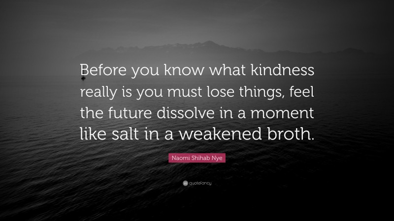 Naomi Shihab Nye Quote: “Before you know what kindness really is you must lose things, feel the future dissolve in a moment like salt in a weakened broth.”