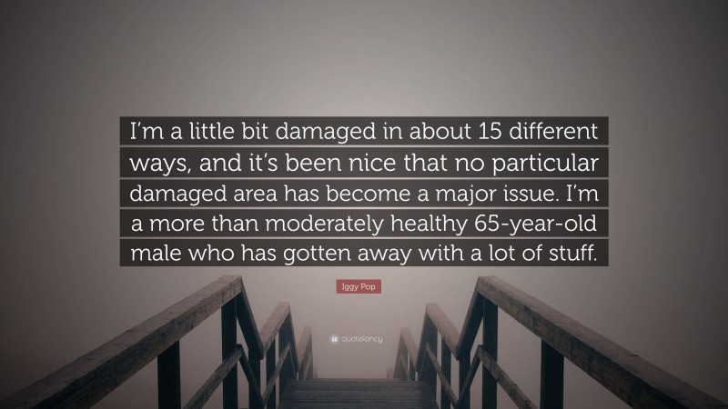 Iggy Pop Quote: “I’m a little bit damaged in about 15 different ways, and it’s been nice that no particular damaged area has become a major issue. I’m a more than moderately healthy 65-year-old male who has gotten away with a lot of stuff.”